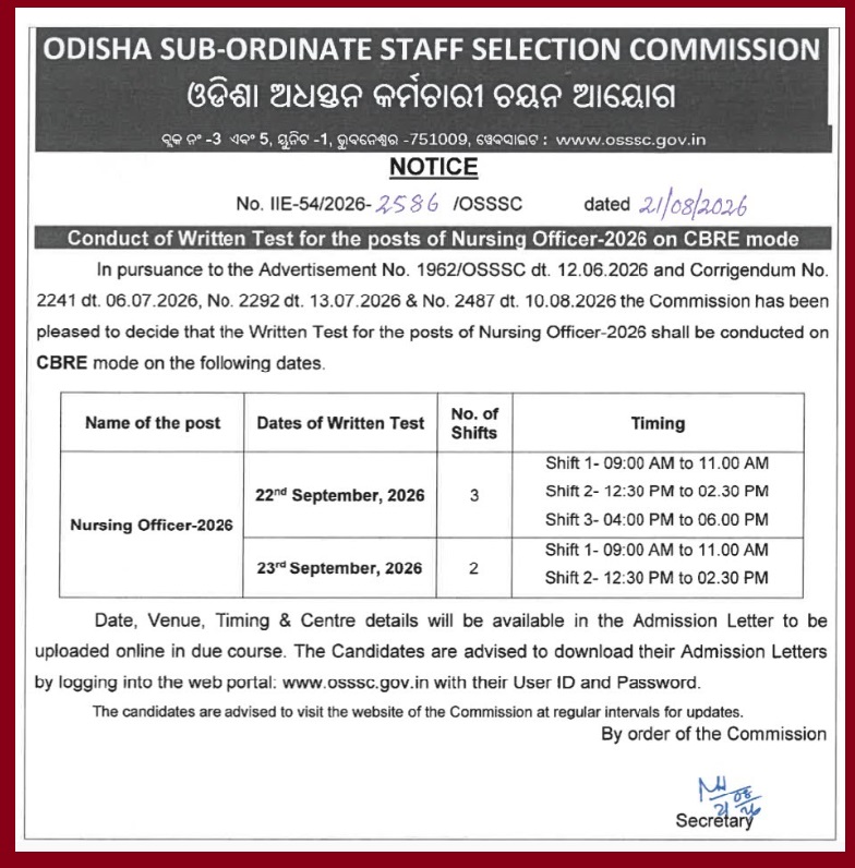 OSSSC Nursing Officer Admit Card 2026