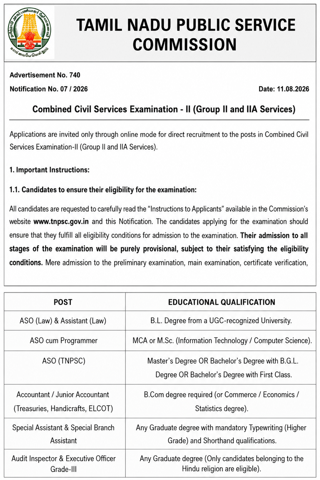 TNPSC Group 2 Notification 2026